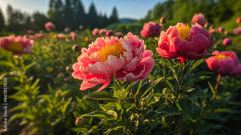 A field of pink peonies with a clear blue sky in the background. The flowers are in full bloom and are scattered throughout the field. Scene is peaceful and serene, as the flowers are the main focus