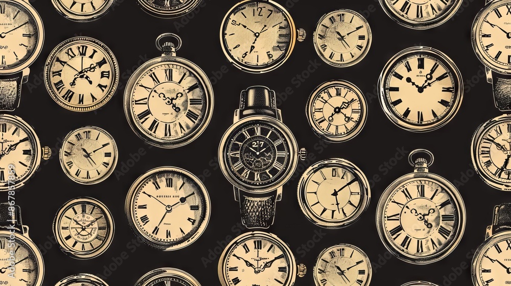 A collection of antique and modern clocks and watches of various sizes and styles. A collection of antique and modern clocks and watches of various sizes and styles.