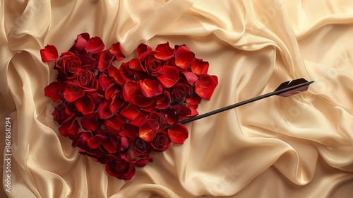 An arrow piercing through the heart made of red rose petals on the soft beige cloth.