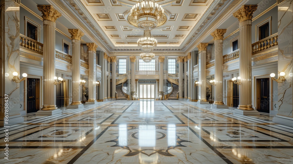 Obraz premium A grand marble entrance hall with high ceilings and decorative pillars