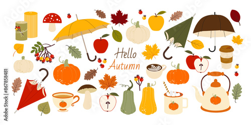 Hello autumn set. Leaves, umbrellas, pumpkins, coffee, tea and other fall elements in flat style