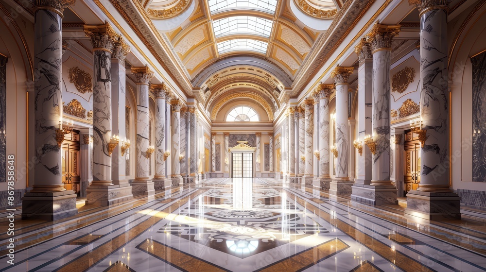Obraz premium A grand marble entrance hall with high ceilings and decorative pillars