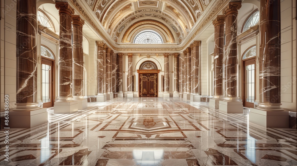 Obraz premium A grand marble entrance hall with high ceilings and decorative pillars