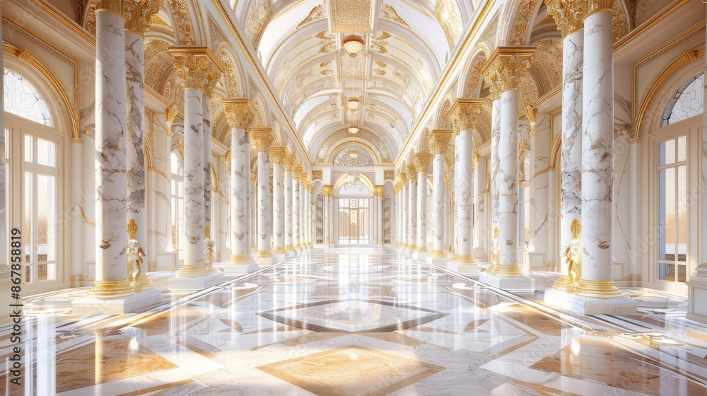 Fototapeta premium A grand marble entrance hall with high ceilings and decorative pillars