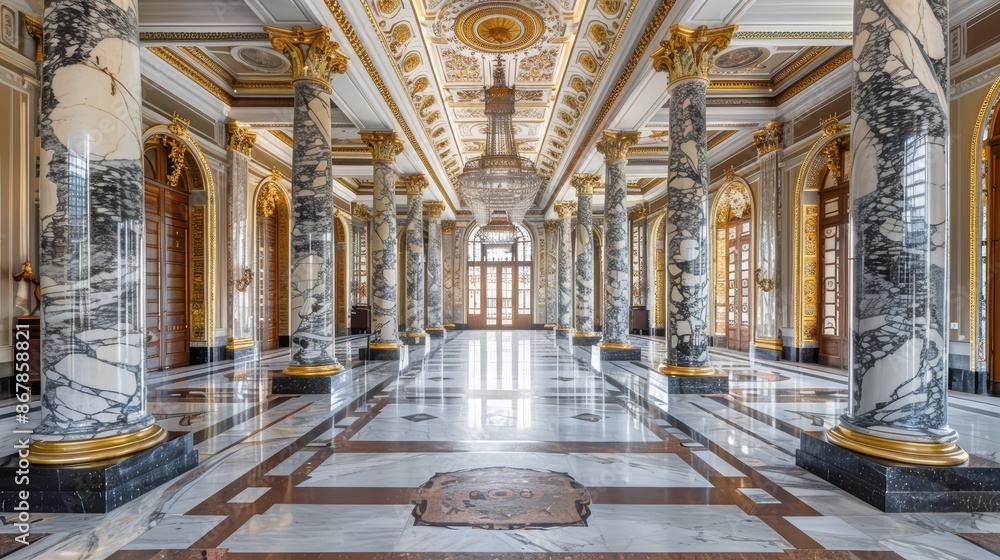 Fototapeta premium A grand marble entrance hall with high ceilings and decorative pillars