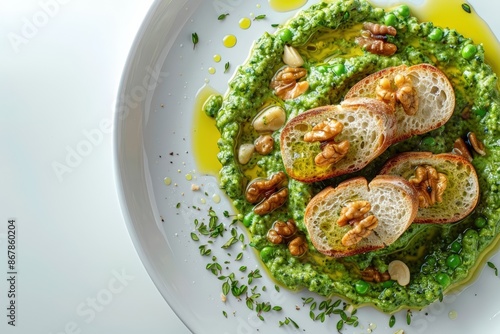 Gourmet Cheapo Pea Pesto with Toasted Walnuts and Crostini photo