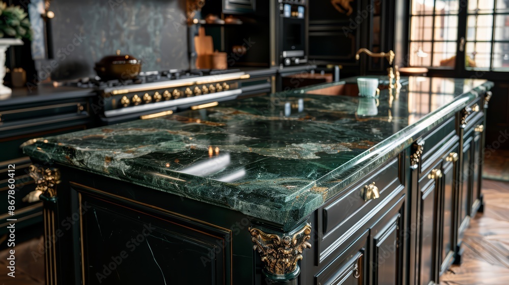 A kitchen island with a striking green marble top A kitchen island with a striking green marble top