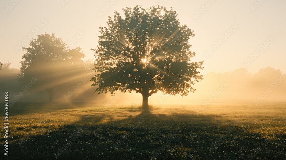 Single olive tree in the beautiful sunny fog at sunrise, natural background with sun rays through the mist Single olive tree in the beautiful sunny fog at sunrise, natural background with sun rays through the mist