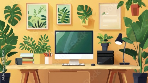 Wallpaper Mural Flat illustration of a home office with eco-friendly products like bamboo desk, recycled paper notebooks, energy-efficient desktop computer. Torontodigital.ca