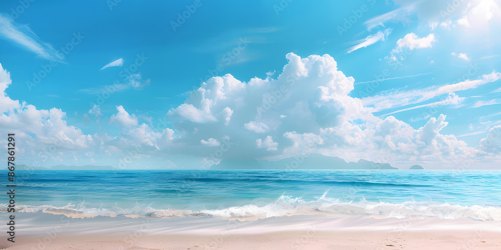 Fototapeta premium Fondo de una playa con nubes y cielo azul ideal para fondos relajantes