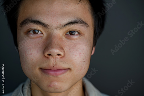 Close-up portrait of a young man of Asian descent, studio photo, against a sleek gray studio backdrop