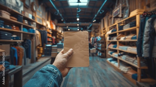 A hand holding a notebook is centered in a chic clothing store interior adorned with wooden shelves and a wide variety of clothing items, encompassing a retail environment. photo