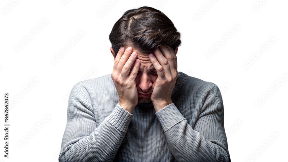 Man feeling anxious and stressed holding his head with hands on transparent background Man feeling anxious and stressed holding his head with hands on transparent background