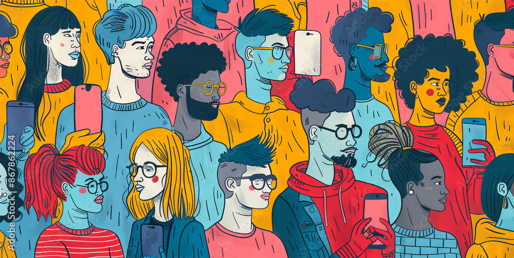 People of different races and ethnicities are shown together in a colorful illustration People of different races and ethnicities are shown together in a colorful illustration