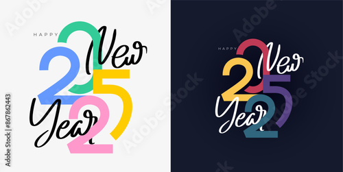 Happy New Year 2025 logo luxury design. With colorful truncated numbers. Premium colorful vector design for card, banner, poster, greeting and New Year 2025 celebration. Vector Christmas illustration.