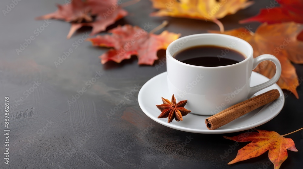 A white coffee cup with a cinnamon stick and a leaf on top of it A white coffee cup with a cinnamon stick and a leaf on top of it