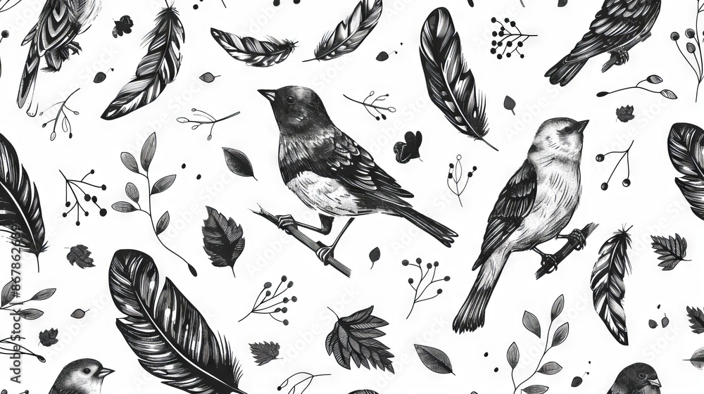 The image is a black and white drawing of birds and leaves The image is a black and white drawing of birds and leaves