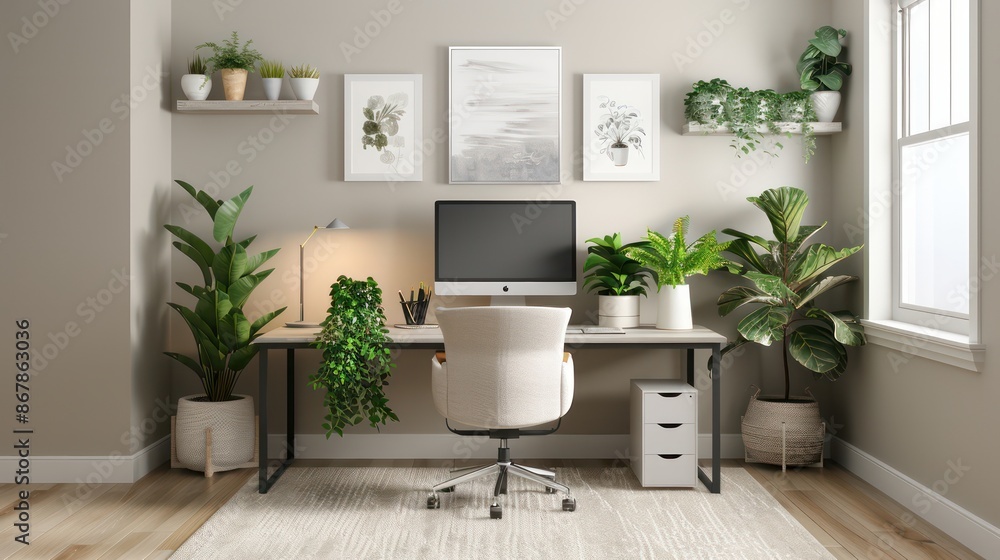 A small office with a desk and chair, a computer monitor, and a potted plant. The room is decorated with plants and has a natural, calming atmosphere A small office with a desk and chair, a computer monitor, and a potted plant. The room is decorated with plants and has a natural, calming atmosphere