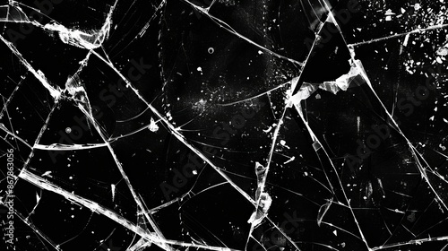 An artistic image of black and white shattered glass, creating a complex abstract design with numerous sharp lines and splinters presenting a dramatic effect. photo