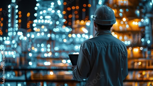 A man wearing a hard hat is looking at a tablet while standing in front of a city skyline