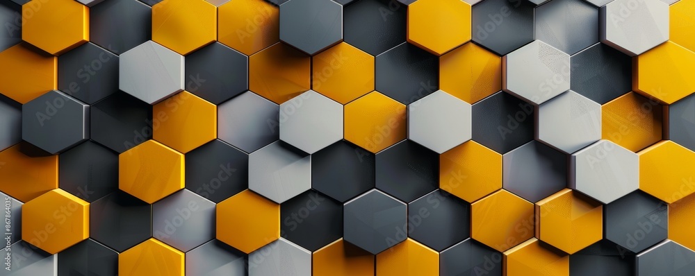 Abstract hexagonal pattern with yellow, gray, and black 3d shapes Abstract hexagonal pattern with yellow, gray, and black 3d shapes
