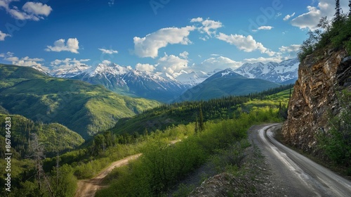 Dirt road winding through green mountains and forests with snow-capped peaks in the background under a blue sky with clouds. © kept