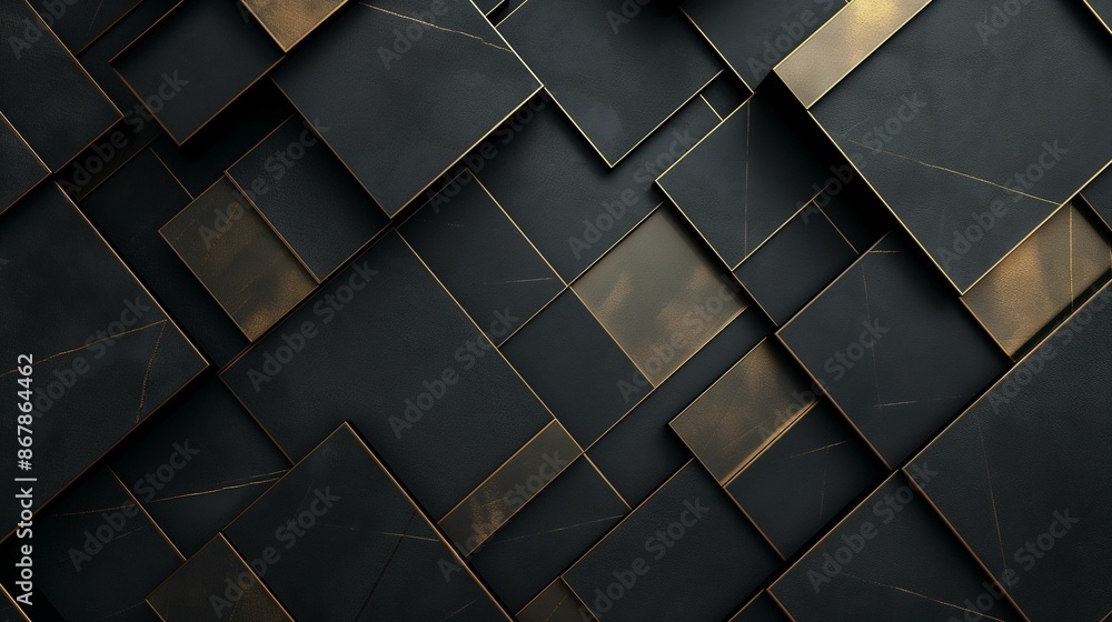 Abstract geometric background with overlapping black rectangles and gold edges. Abstract geometric background with overlapping black rectangles and gold edges.