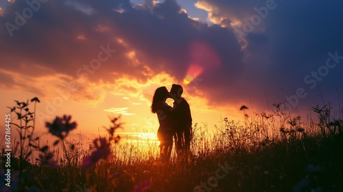Silhouette of a couple kissing in a field at sunset.