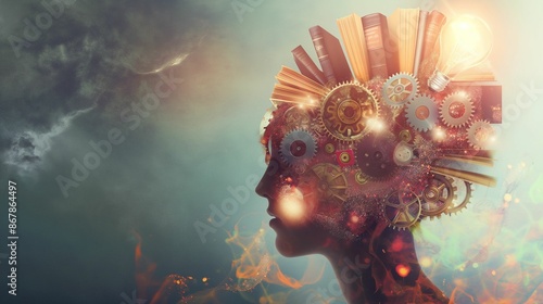 Silhouette of a head with gears and a light bulb, symbolizing creativity and innovation.