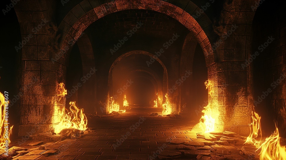 Fototapeta premium Medieval stone dungeon corridor with fire on the walls.