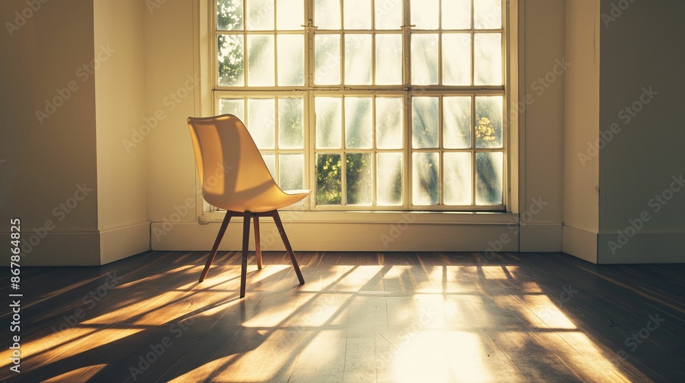 Single chair by a large window with sunlight streaming in. Minimalist interior design. Single chair by a large window with sunlight streaming in. Minimalist interior design.