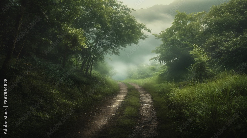 Misty forest trail with lush green foliage. Misty forest trail with lush green foliage.