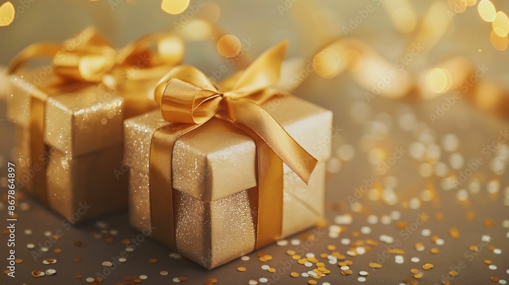 White gift boxes with golden ribbons and bows. White gift boxes with golden ribbons and bows.