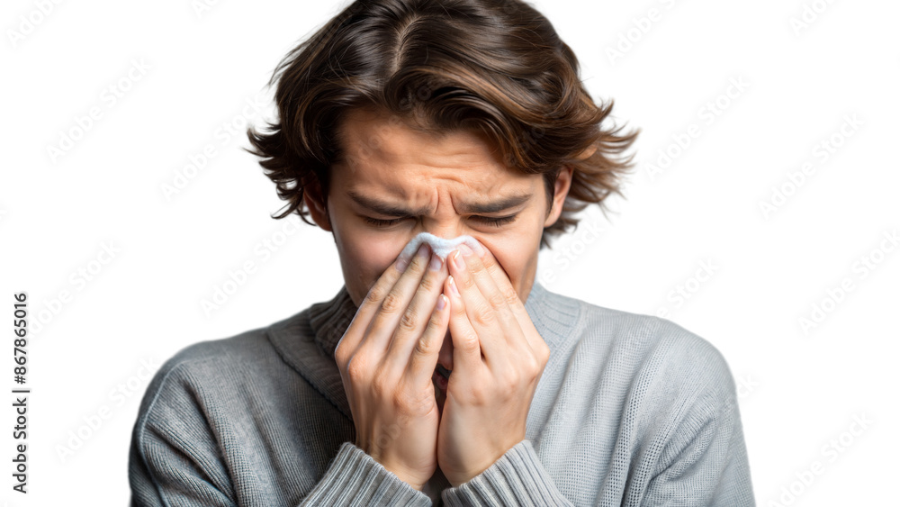 Person experiencing allergies possibly sneezing into tissue on transparent background Person experiencing allergies possibly sneezing into tissue on transparent background