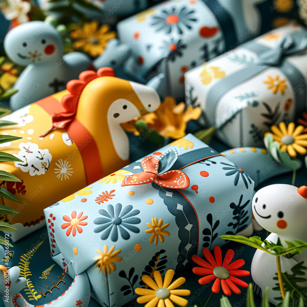 A stack of colorful wrapping paper with a variety of patterns and designs. A stack of colorful wrapping paper with a variety of patterns and designs.