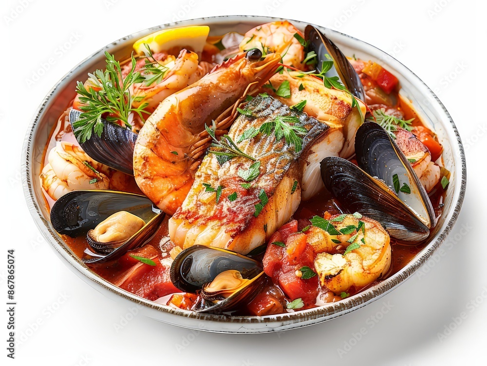 Bowl of Italian seafood stew with mussels, clams, shrimp, and fish in tomato broth, positioned on white surface to showcase hearty and aromatic dish. Bowl of Italian seafood stew with mussels, clams, shrimp, and fish in tomato broth, positioned on white surface to showcase hearty and aromatic dish.