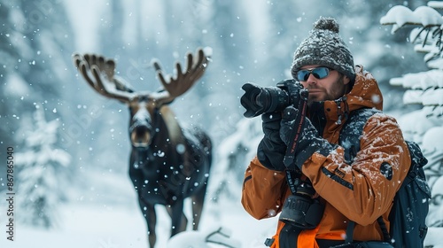 A photographer dressed in winter clothing captures a moose in the snowy wilderness, highlighting nature and wildlife photography in harsh conditions. photo