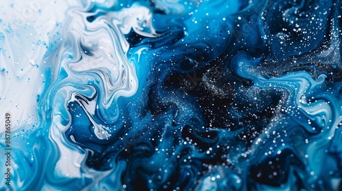 A stunning abstract image displaying a fluid design in blue and white, evocative of cosmic elements and interstellar energy, representing creativity and imagination. photo