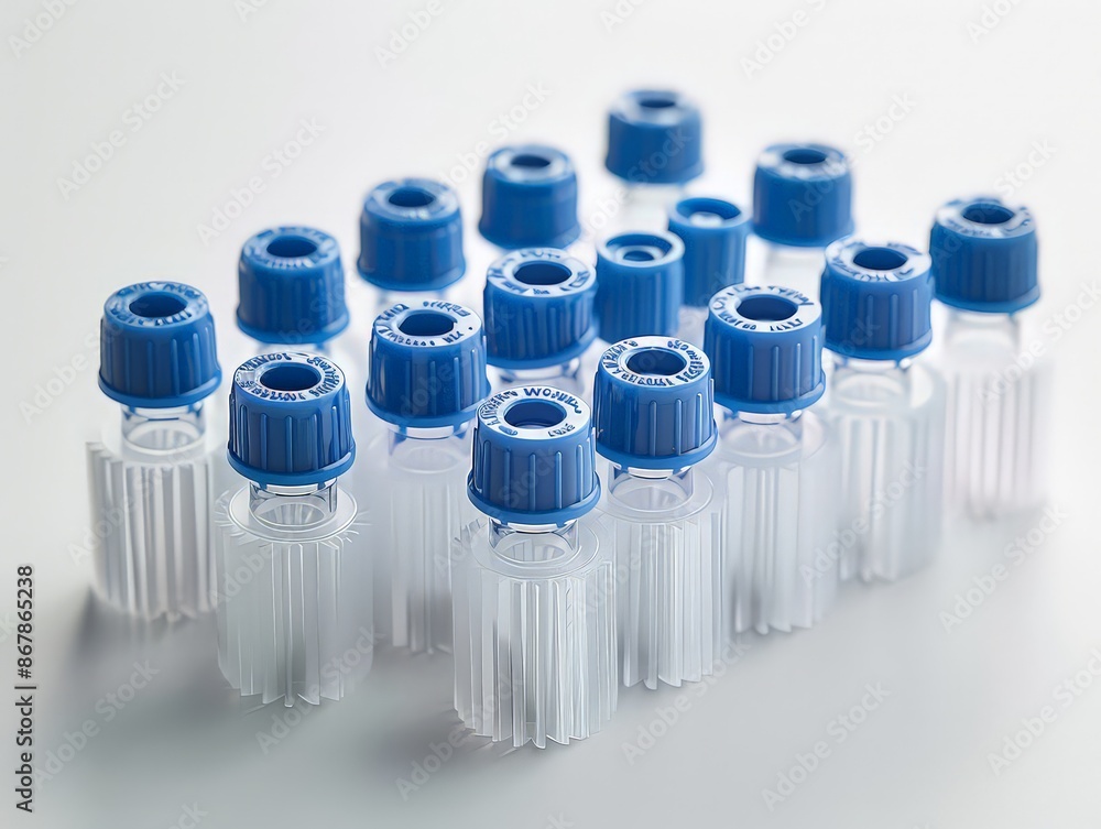 Strip of PCR tubes with caps, positioned on a white surface to highlight their role in conducting PCR reactions. Strip of PCR tubes with caps, positioned on a white surface to highlight their role in conducting PCR reactions.