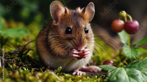 A small brown mouse is eating berries in a green field photo