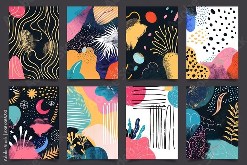 A modern abstract collage featuring a mix of vibrant colors and diverse patterns, offering dynamic and and compositionally engaging visuals for artistic projects. photo