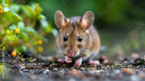 A small brown mouse is eating something on the ground
