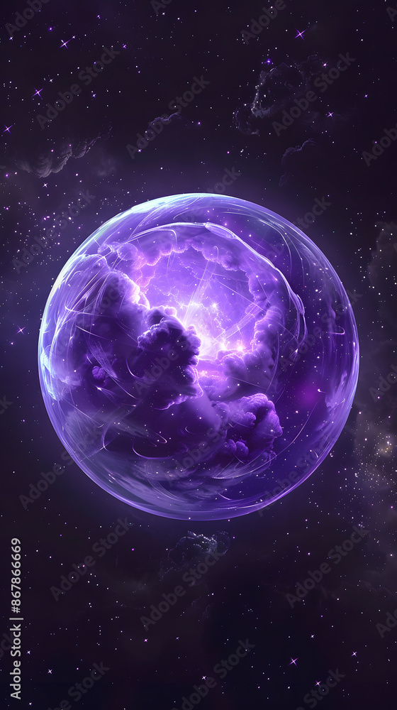 Fototapeta premium Glowing purple bubbles floating on a dark background