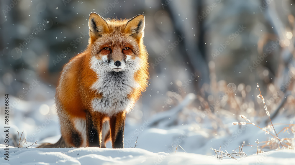 Fototapeta premium A red fox stands in the snow, looking at the camera. Concept of solitude and stillness, as the fox is the only living creature visible in the scene