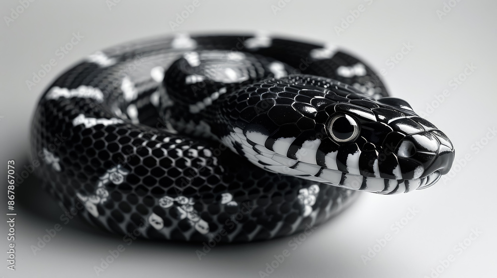 Obraz premium A black and white snake with a white stripe on its head. The snake is curled up and he is resting