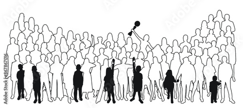 Image of a crowd silhouette, a group of people, girl with trophy