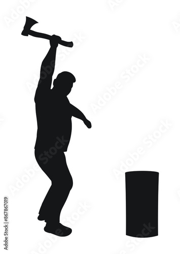 Male lumberjack with an ax in his hands, black silhouette