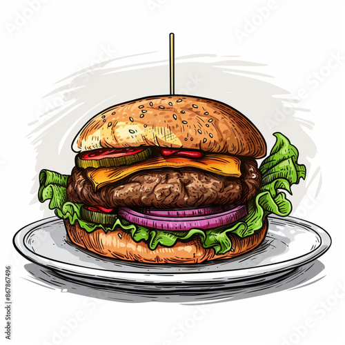 Tasty burger on a plate. Modern illustration. White background.