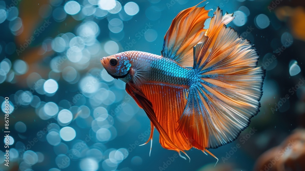 A fish with orange and blue fins swimming in a blue ocean A fish with orange and blue fins swimming in a blue ocean