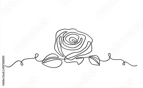Rose flower in continuous line art drawing style. Black linear sketch isolated on white background. Vector illustration